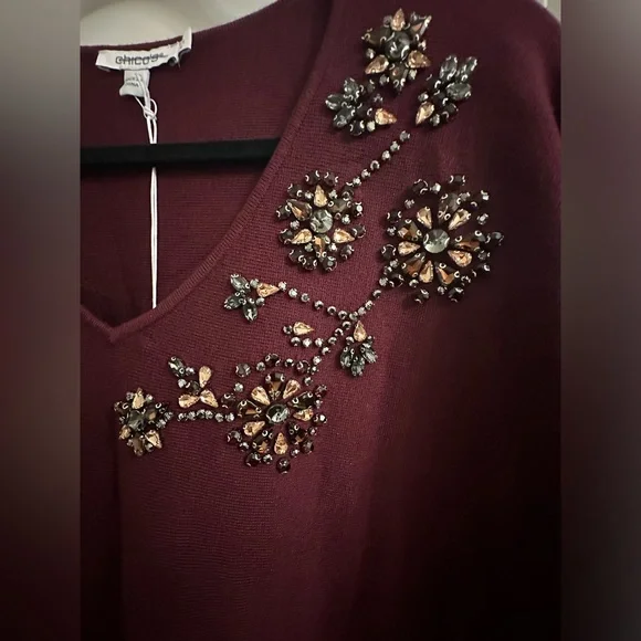 Chico’s Gem Neckline Pullover Sweater Size 4 US XXL V-Neck Color Deep Merlot - Picture 7 of 10